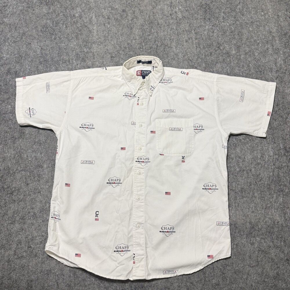 Vintage 90s Chaps Ralph Lauren Shirt Mens Large White Crest All Over Print